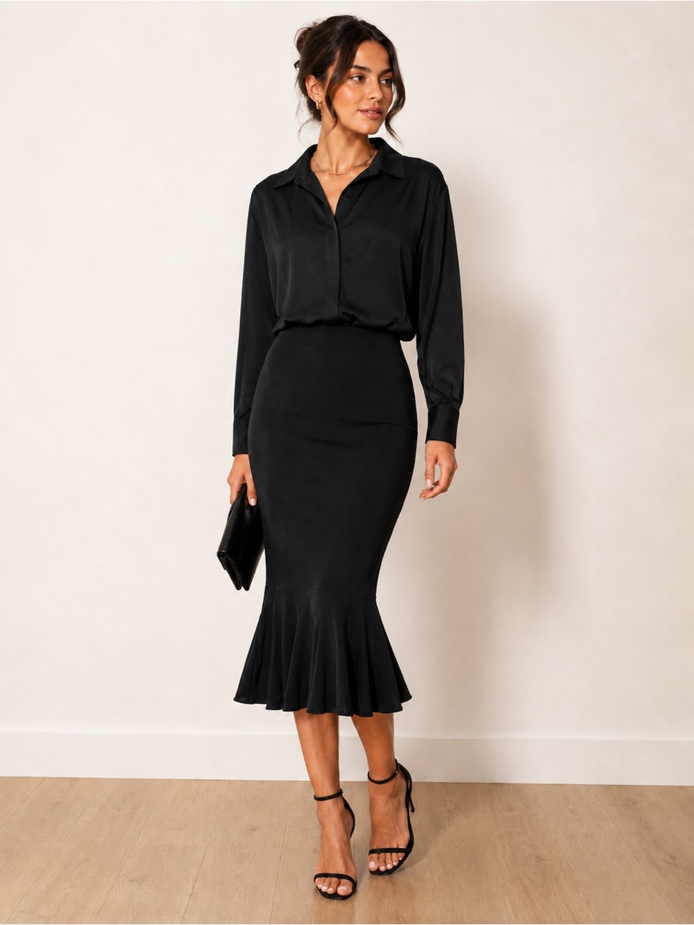 Norma Kamali Boyfriend Shirt Fishtail Dress Black Long Sleeve Stretch Midi 38/M